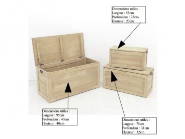 Dimensions intérieures des 3 coffres en bois massif