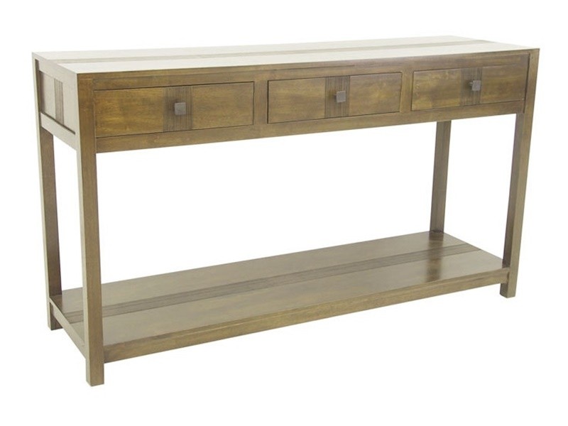 Console avec 3 tiroirs en hévéa massif, Finition Vernis Foncé Console avec 3 tiroirs en hévéa massif, Finition Vernis Foncé