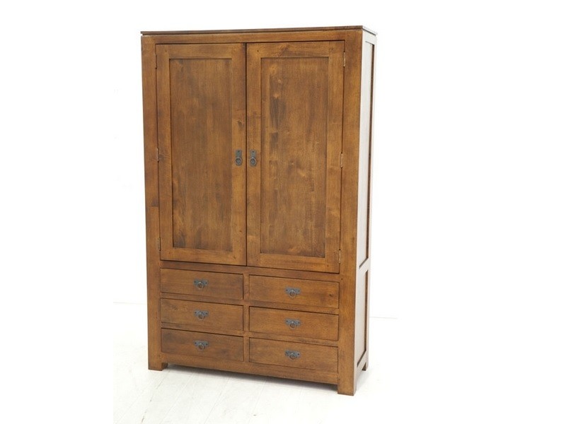 Armoire 2 portes 6 tiroirs en hévéa massif, Finition Vernis Miel