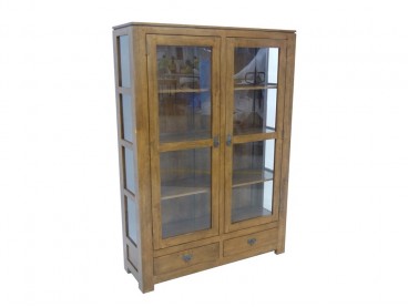 Vitrine 2 portes 2 tiroirs en bois massif, Finition Vernis Miel