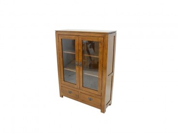 Vitrine 2 portes 2 tiroirs en bois massif, Finition Vernis Miel