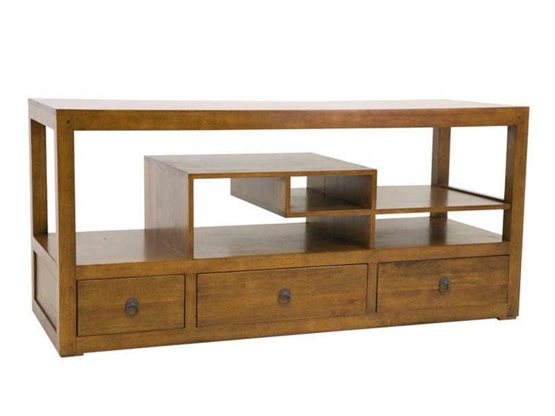 Meuble TV 140 cm en hévéa massif, Finition Vernis Miel