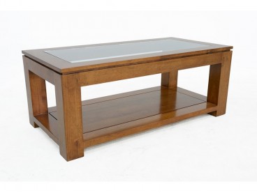 Table basse vitrée en bois d'hévéa, Finition Vernis Miel