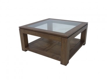 Table basse vitrée carrée en bois, Finition Huilé Foncé