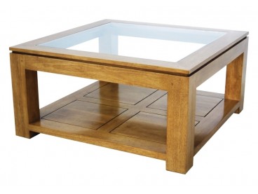 Table basse en hévéa avec plateau en verre, Finition Vernis Naturel