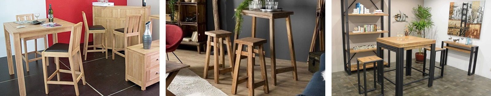 Table bar en bois massif : acacia, chêne, hévéa, teck, manguier