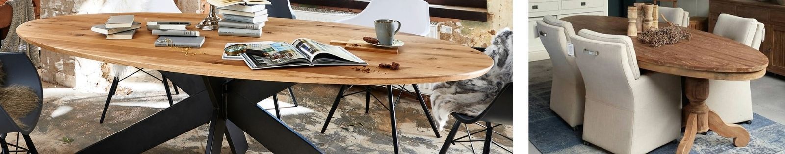 Table de repas ovale en bois massif : acacia, chêne, hévéa, teck, manguier